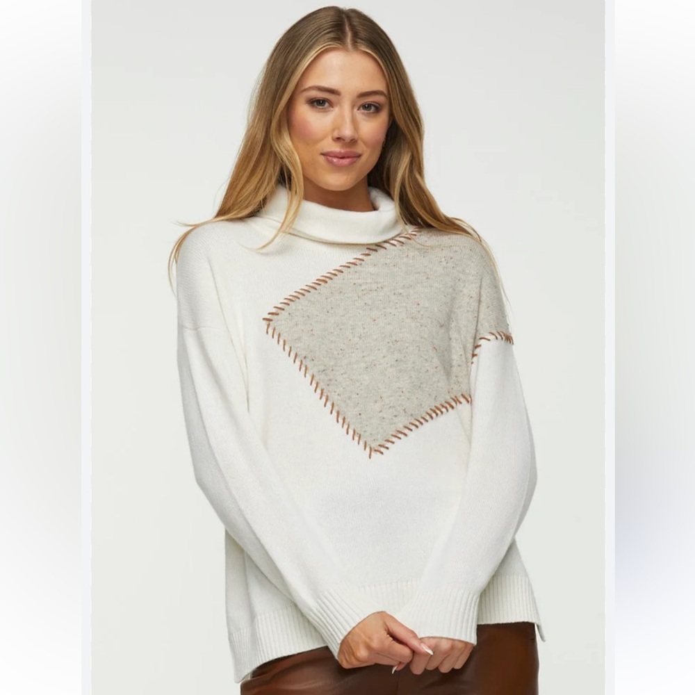 Zaket & Plover Sweater Womens XL Shoulder Patch Merino Wool Blend Cream Grey